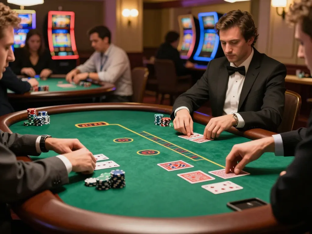 Experience Slot88 gameplay at an upscale casino blackjack table with engaged players and vibrant atmosphere.