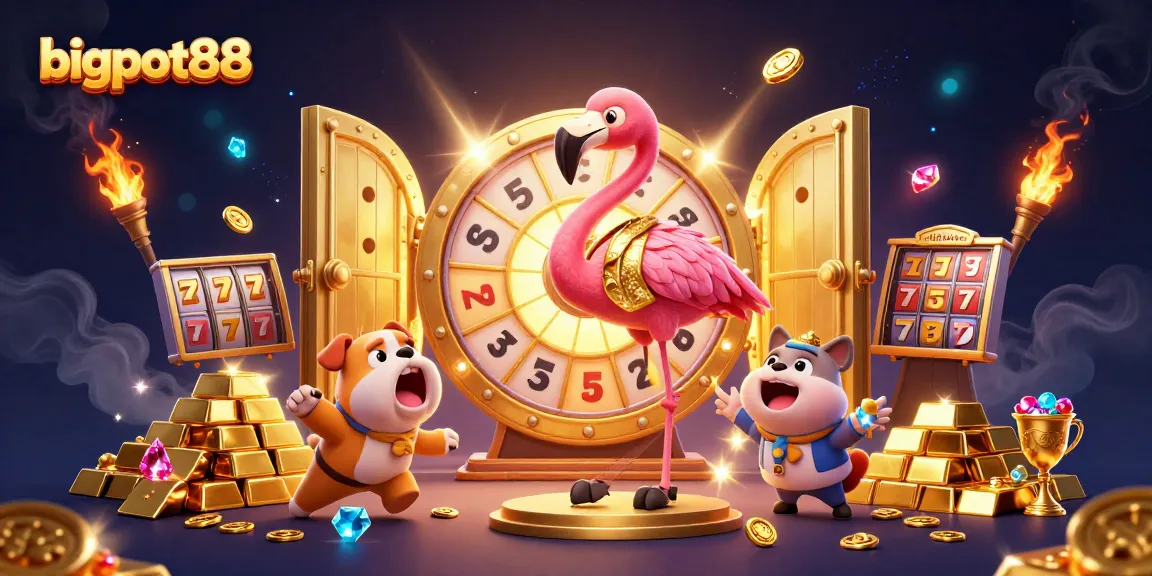 Exciting action scene with bigpot88 casino characters spinning a prize wheel amidst sparkling treasures.