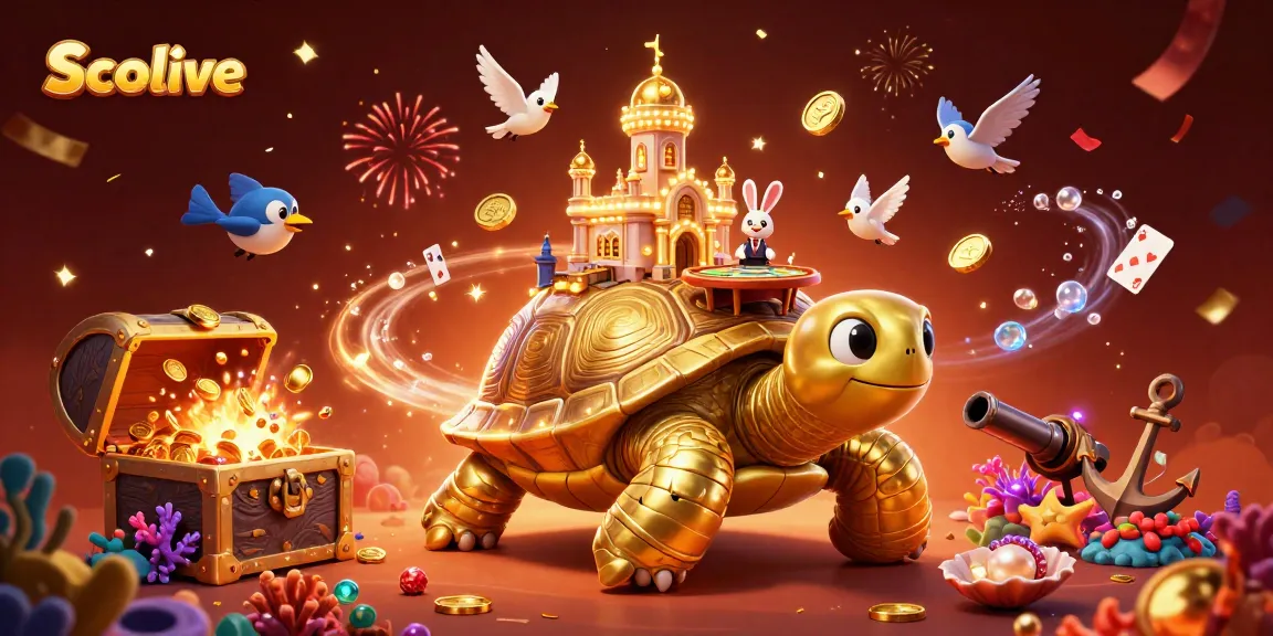 Socolive showcases a vibrant 3D casino scene with a golden tortoise and rabbit dealer amidst flying coins.
