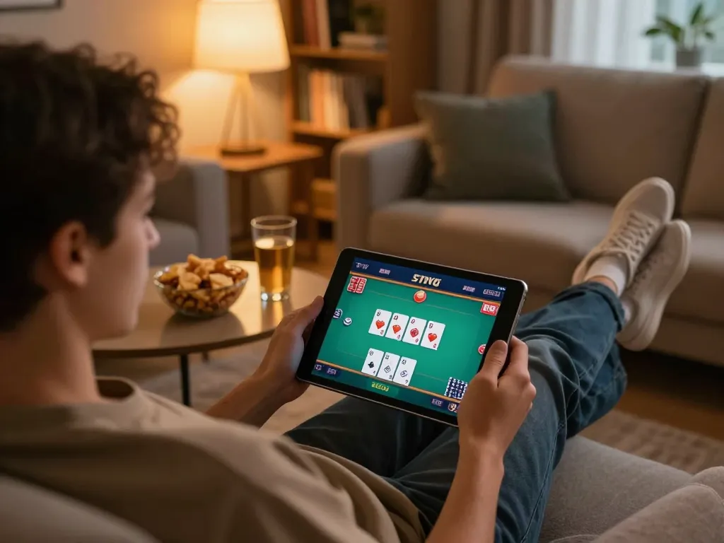 IDCASH88 player engaged in a thrilling online poker game on tablet within cozy home environment.