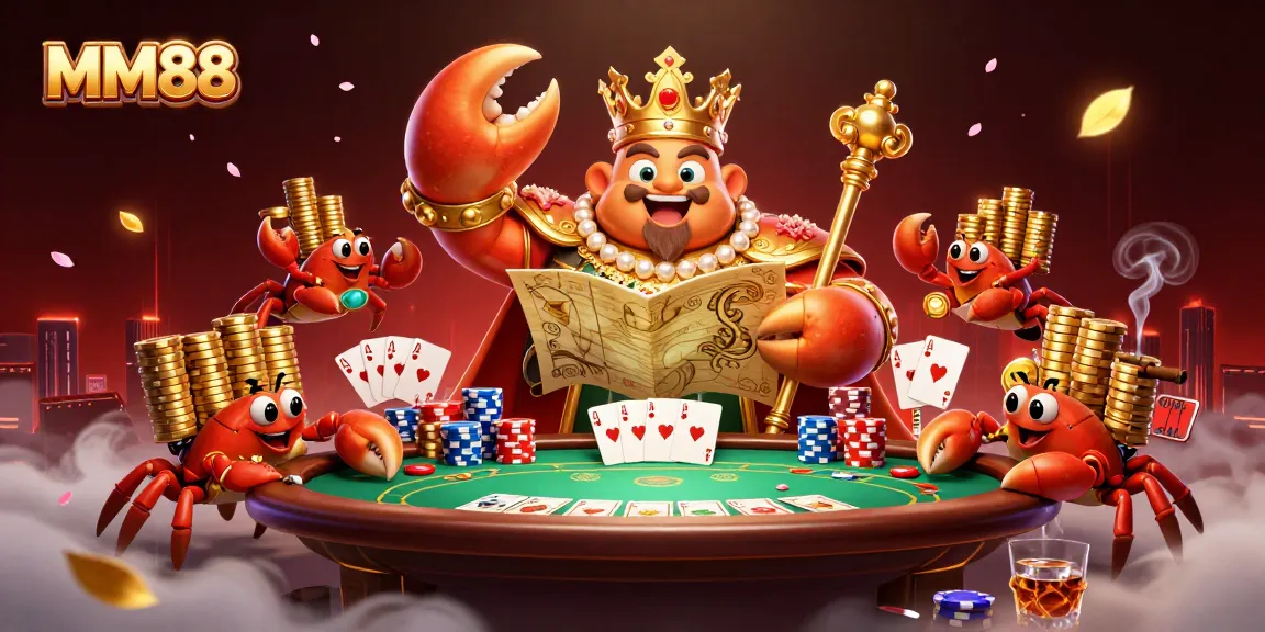 MM88 features a golden crab emperor and hermit crabs amidst poker elements, enhancing casino excitement.