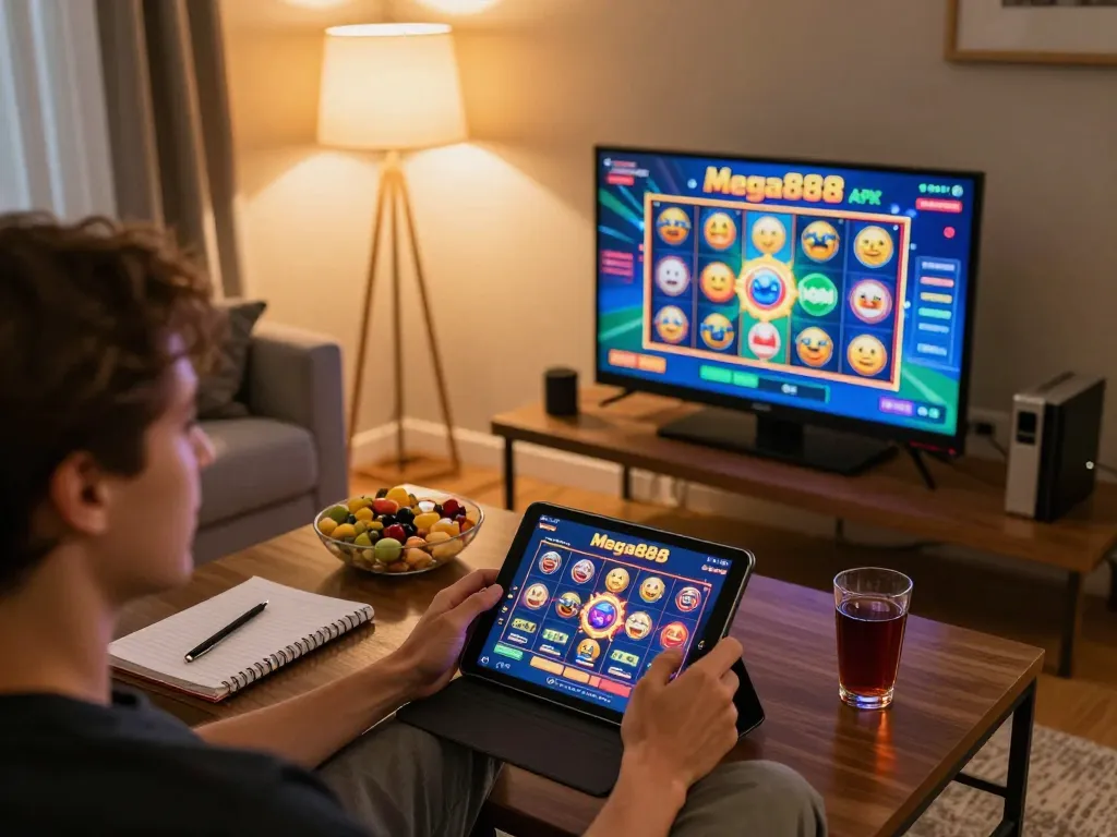 Mega888 APK played on a tablet during a cozy home gaming session, showcasing vibrant slot graphics and engaging atmosphere