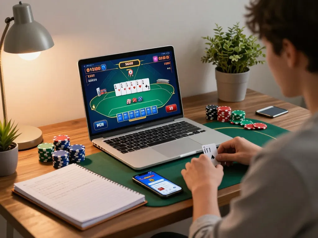 Person strategizing and playing poker in an online session on the 33win app at home.