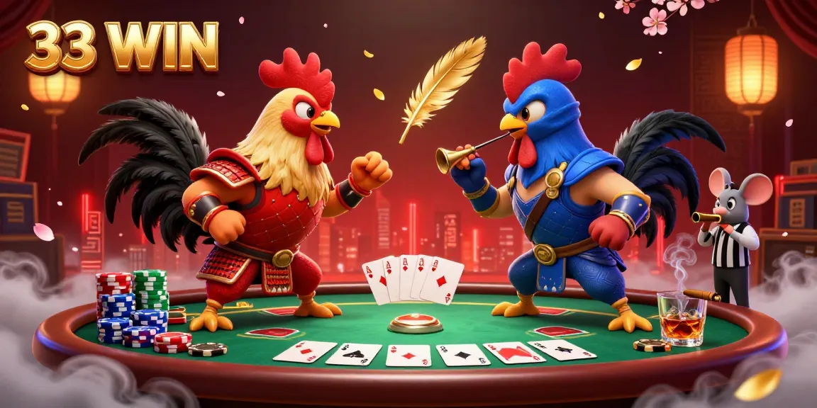 Experience the electrifying thrill of 33 WIN as roosters battle on a vibrant poker scene.