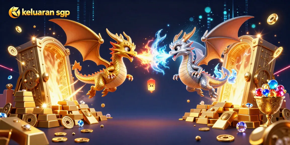 Keluaran sgp diringkas dengan ilustrasi 3D kartun menampilkan naga emas dan perak di tengah pertempuran magis.