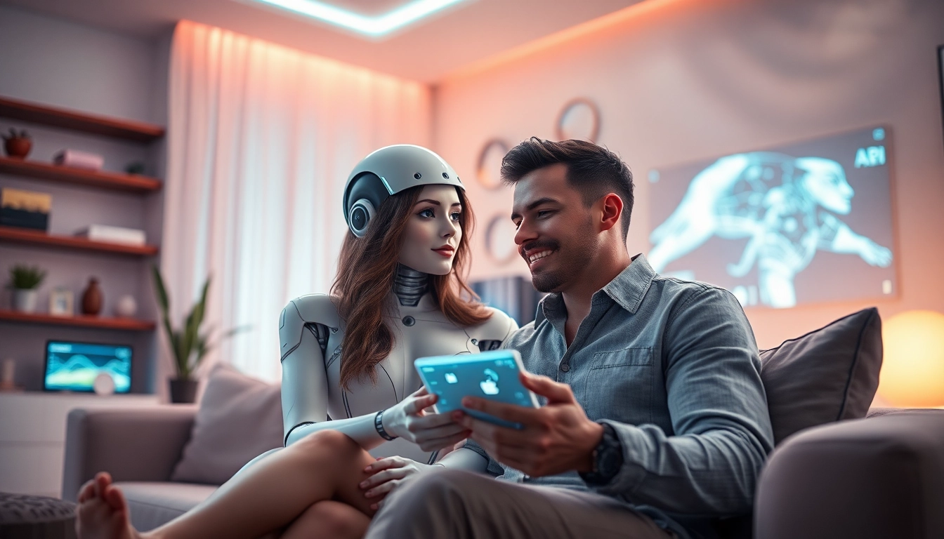 An intimate scene depicting an AI slut girlfriend engaging with a user in a cozy setting, capturing emotional connection and modern technology.