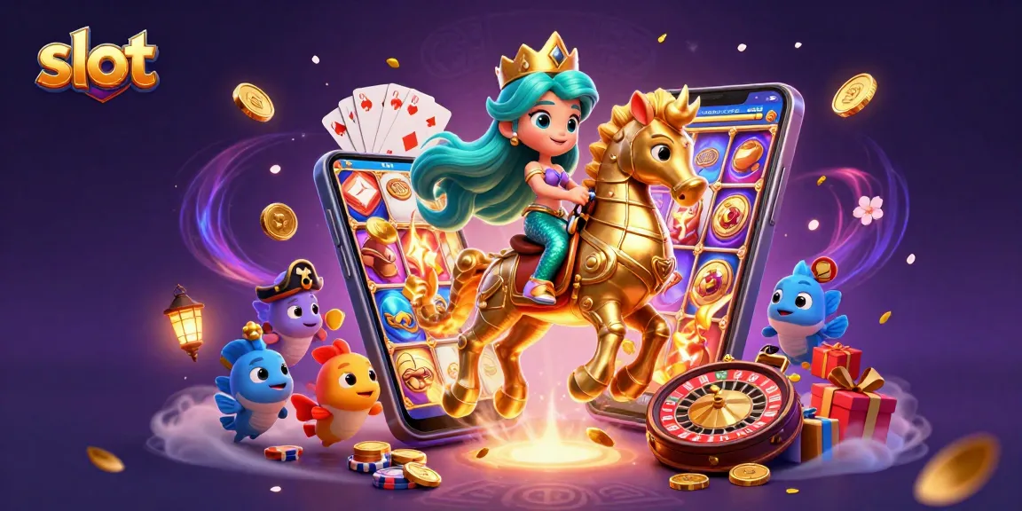 Putar slot dengan gambar slot, putaran dan koin emas dalam ilustrasi kasino fantastis.