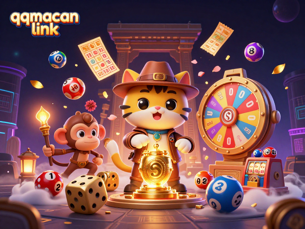 Engage with the thrilling qqmacan link as the cat discovers a golden artifact in a vibrant casino temple.