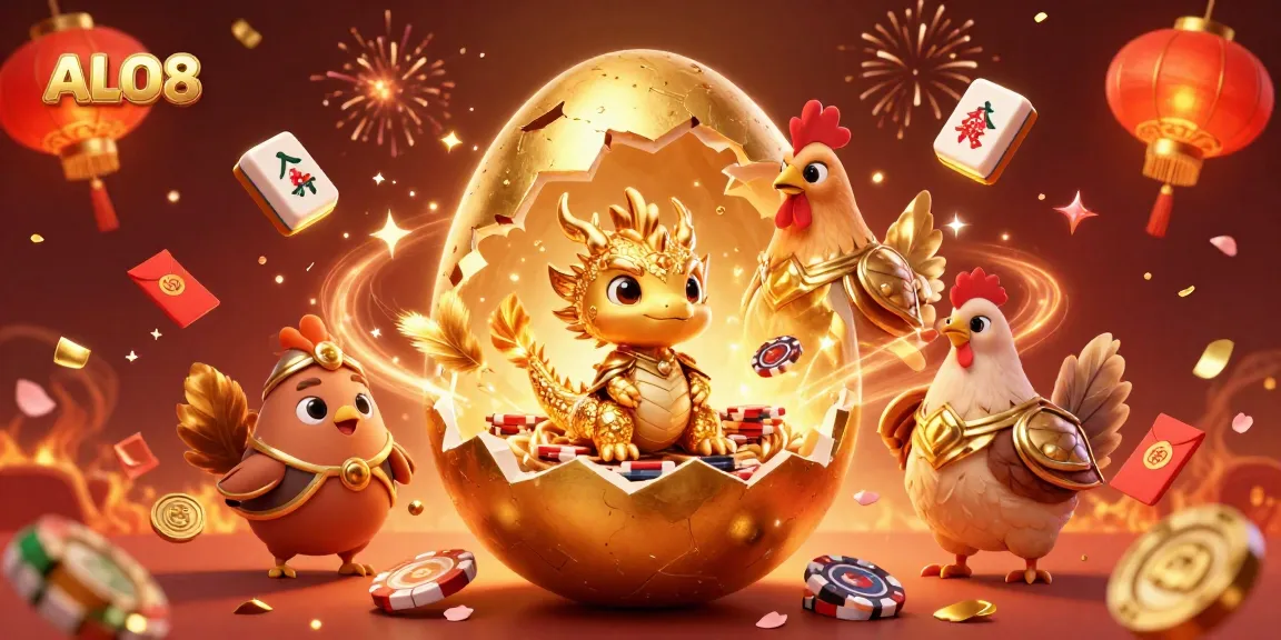 Experience excitement at ALO8 with a golden dragon amid poker chips and festive casino elements.