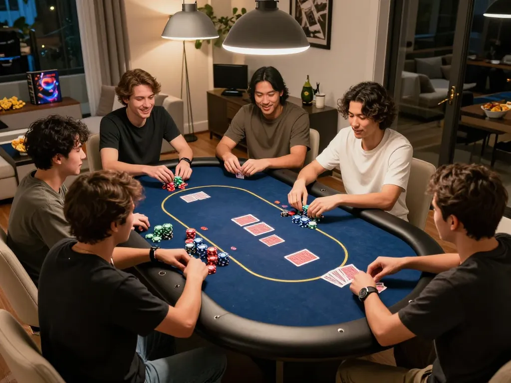 IDCASH88 poker night scene with friends playing Texas Hold'em, showcasing strategy and excitement.