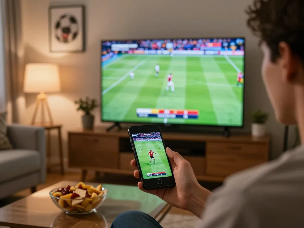 Person engaging with tỷ lệ bóng đá hôm nay while placing sports bets on mobile device in a cozy living room.