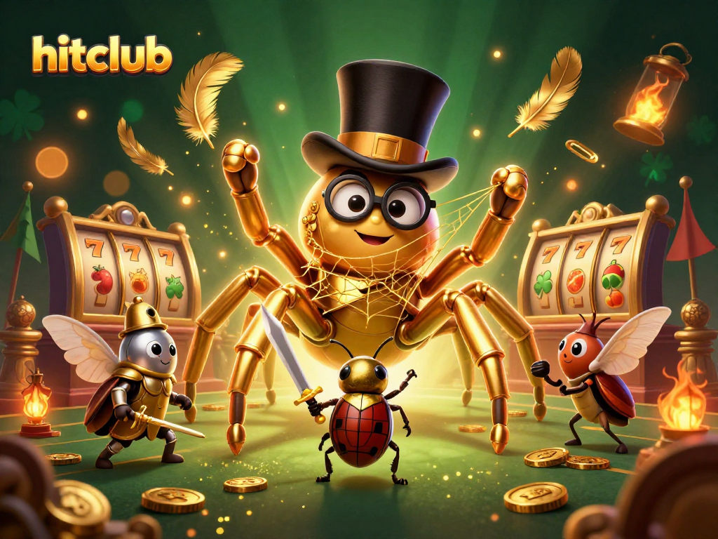 Hitclub's animated casino scene showcases rich details of a golden tarantula and knight in action.