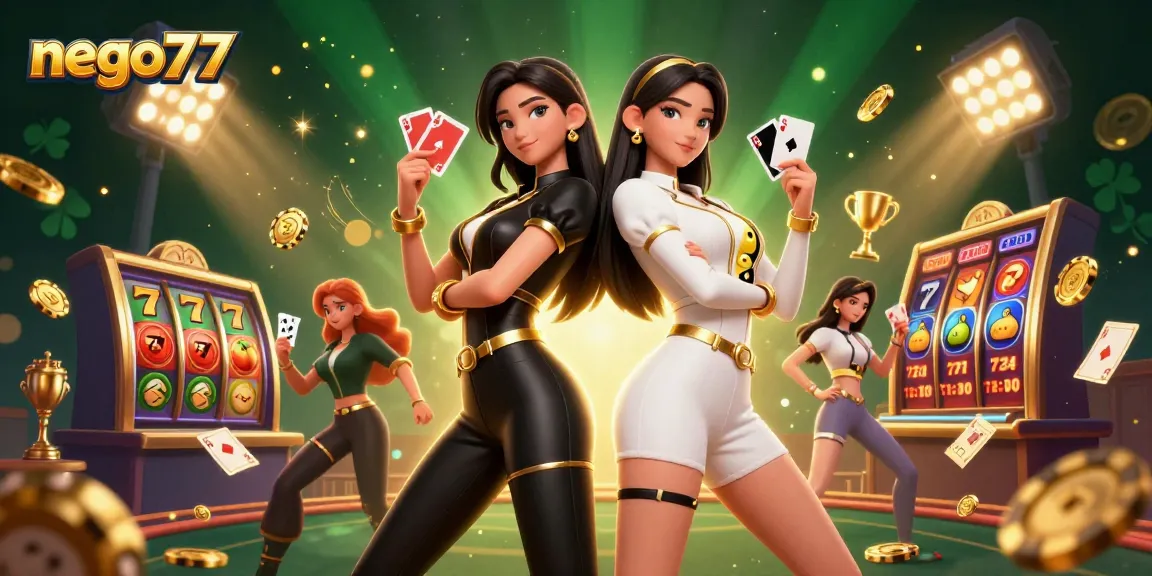 Engage with the thrilling world of nego77 slot games featuring a dynamic casino scene, vibrant twin characters, and electrifying game elements.