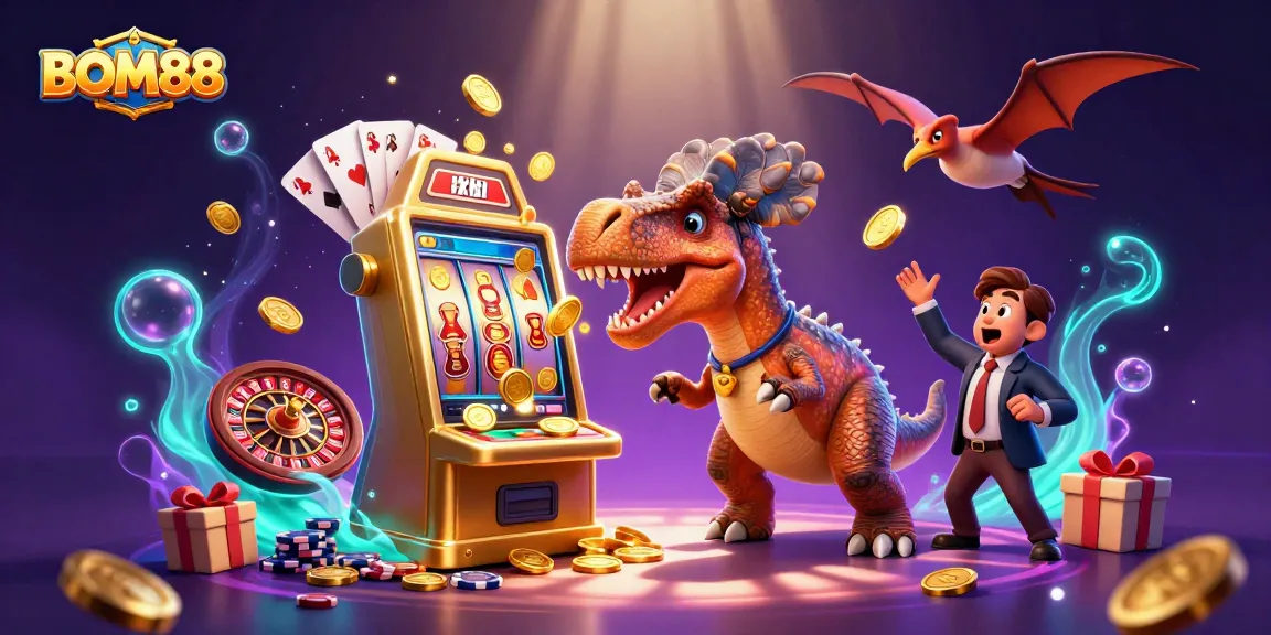 BOM88 pachycephalosaurus winning jackpots while a casino manager panics in this vibrant casino scene.