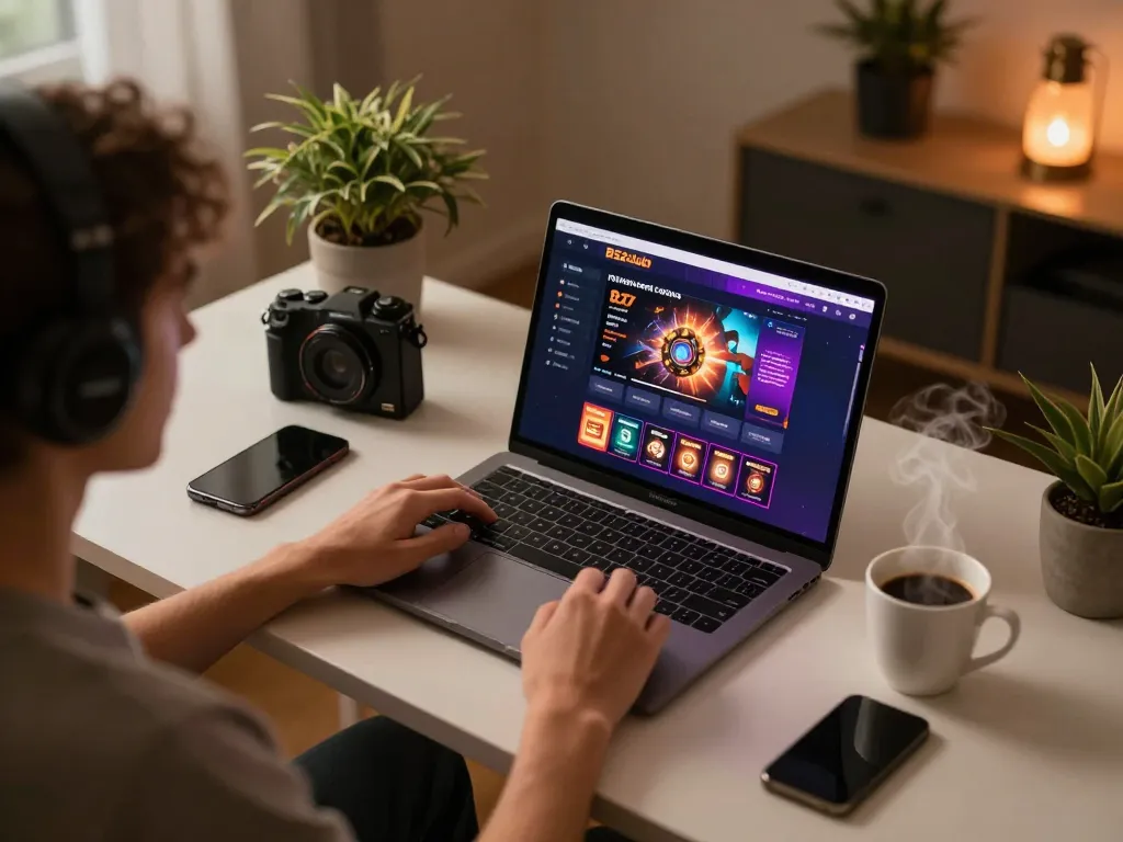 Người chơi B52club tương tác với giao diện trò chơi sòng bạc trực tuyến trên laptop trong một không gian ấm cúng tại nhà.