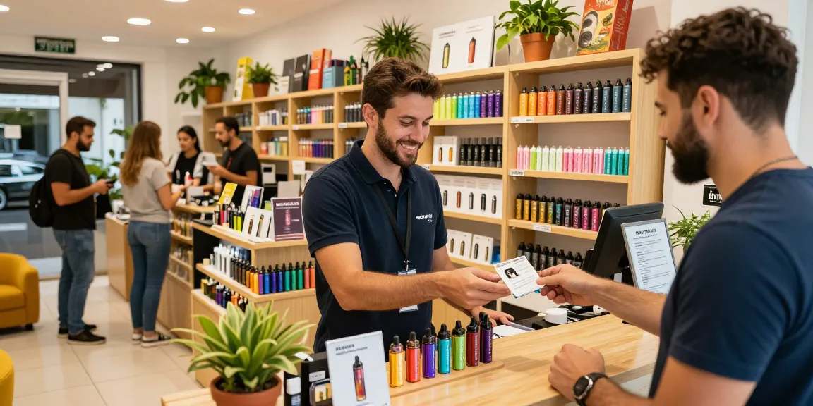 Legal vaping age in Cyprus enforced at a vibrant vape shop with staff checking customer's photo ID for compliance.
