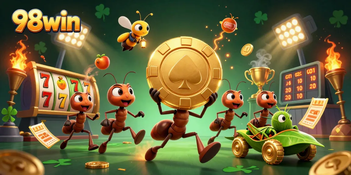 Join the thrilling heist in 98win with ants and poker chips in a vibrant casino scene.