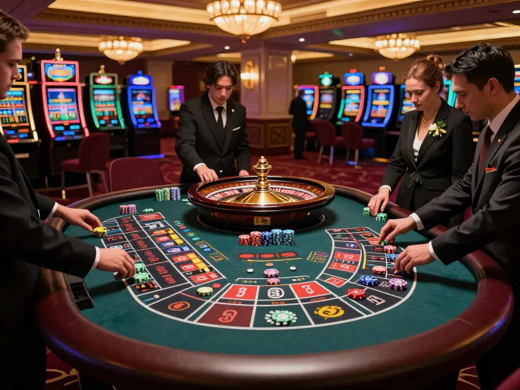 Players thrillingly engaging with roulette at N188VIP casino, vibrant atmosphere and colorful chips.