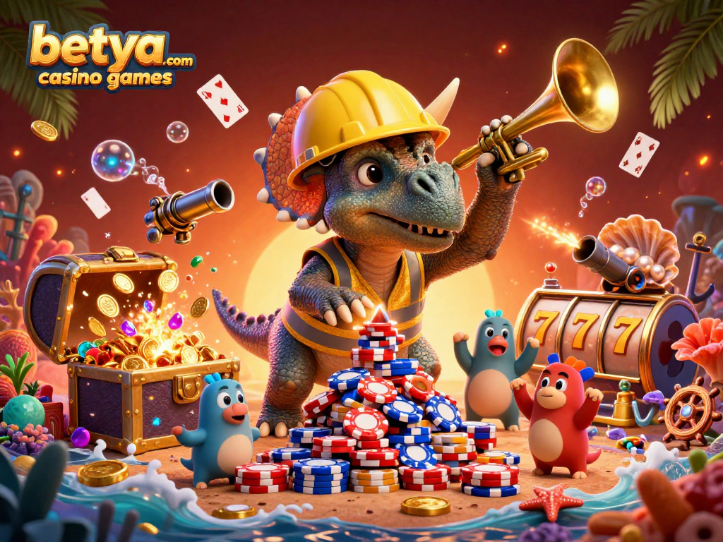 Experience the excitement of betya.com casino games with dinosaurs celebrating as they build a poker chip pyramid.