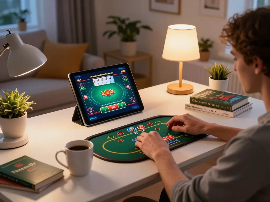 Engaging in rikvip online casino gaming with a cozy home setup, showcasing warm atmosphere.