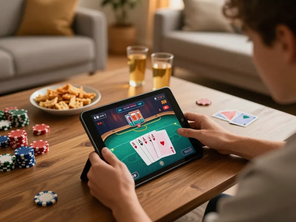 Engaging online poker experience at home using SC88 with chips and cards visible.