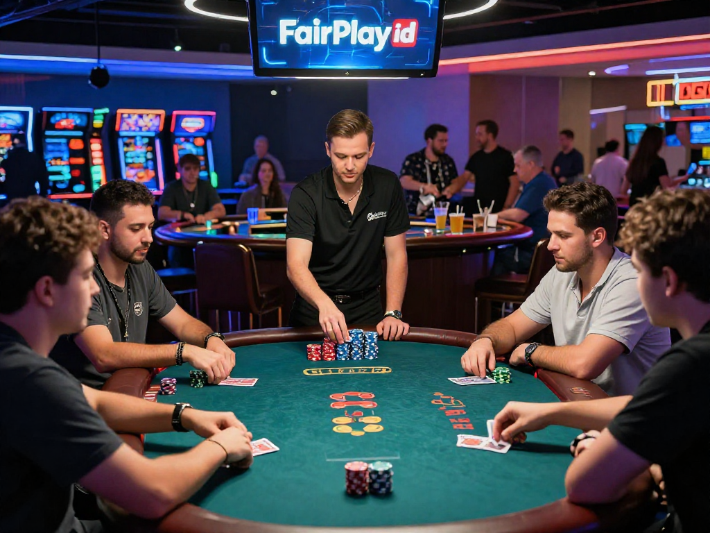 Exciting gambling scene with players at a poker table, showcasing FairPlay id in a vibrant casino atmosphere.