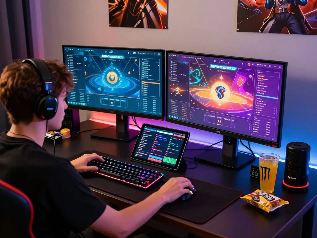 Player enjoying MPOSPORT online poker on dual monitors with ambient lighting.