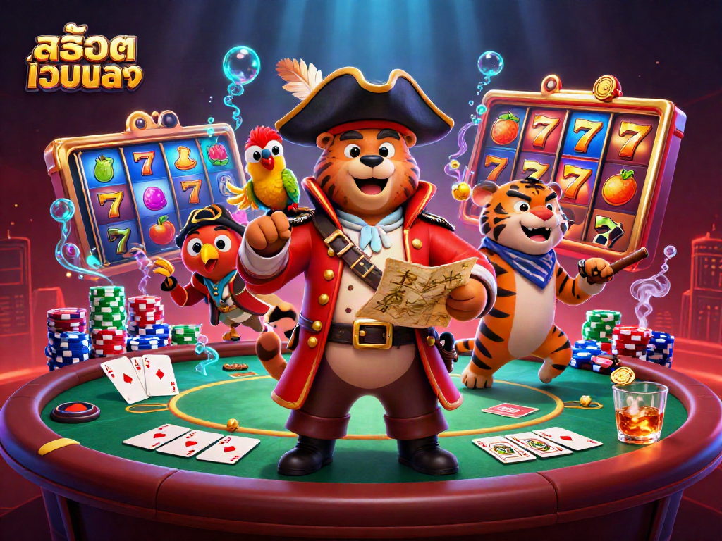 Engage in สล็อตเว็บตรง with an adventurous 3D scene featuring a playful pirate bear and friends.