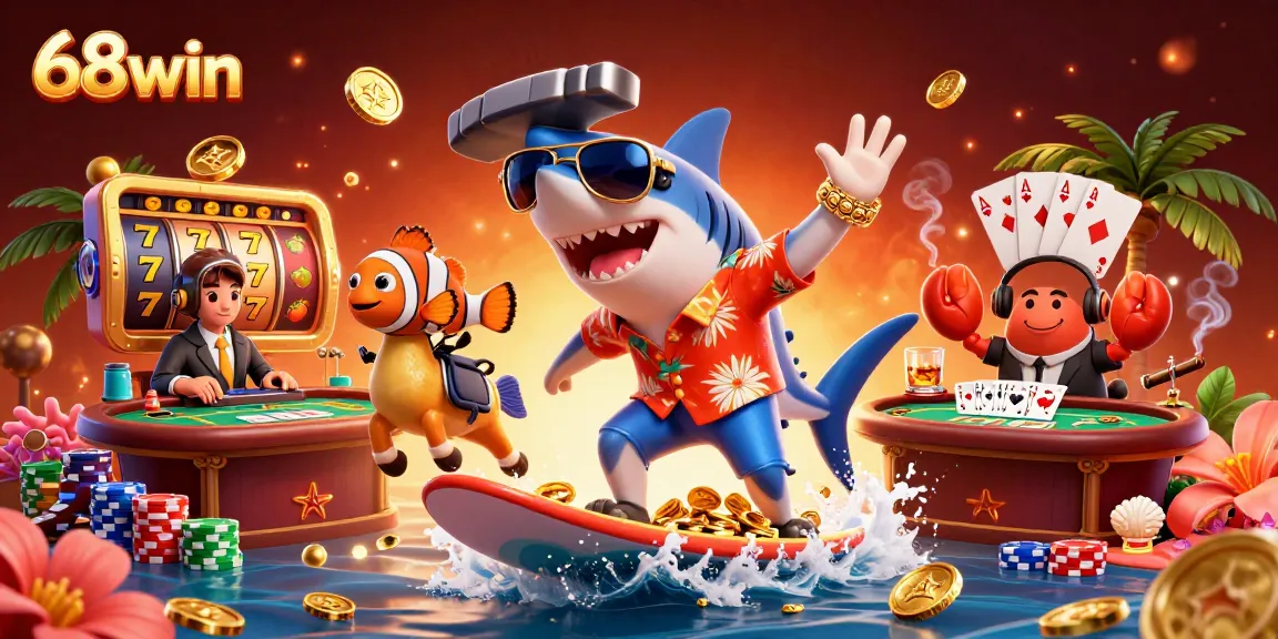 68win's engaging illustration showcases a surf-themed scene with a hammer-head shark and friends amid colorful slot and poker elements.