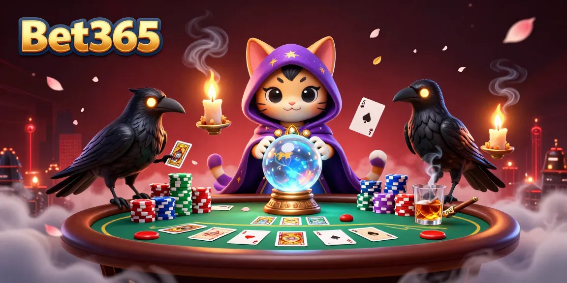 Bet365 captures excitement with a mystic cat and glowing raven around a poker table filled with chips.