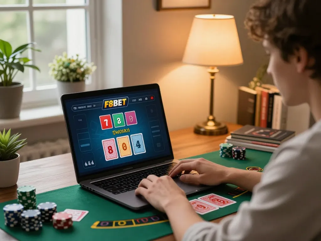 Engaging in F8BET online blackjack with live dealer, showcasing strategic gaming setup