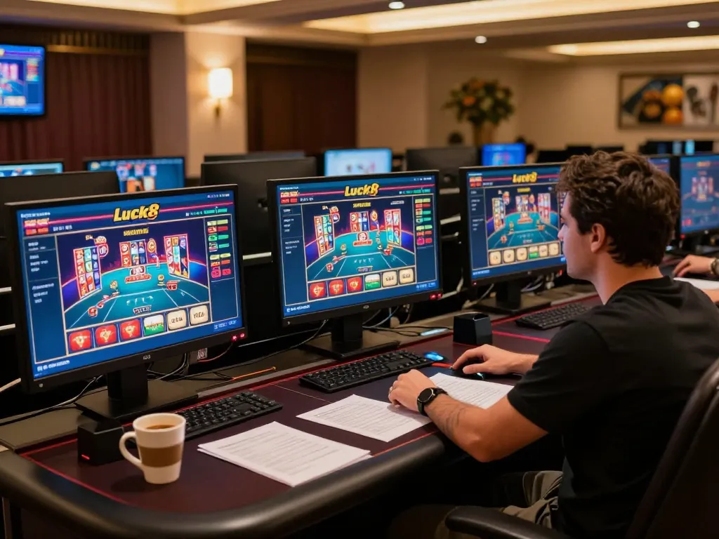 Engaged player strategizing at Luck8 casino on multiple screens, highlighting an immersive online gaming experience