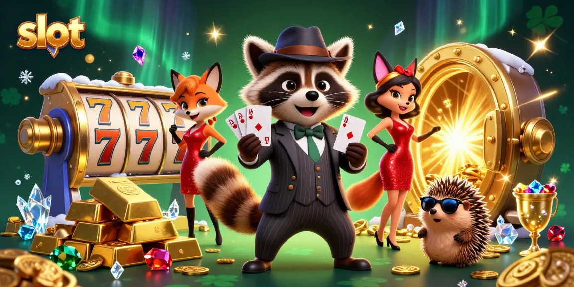 Win big at slots with the suave raccoon and friends in a dynamic casino scene.