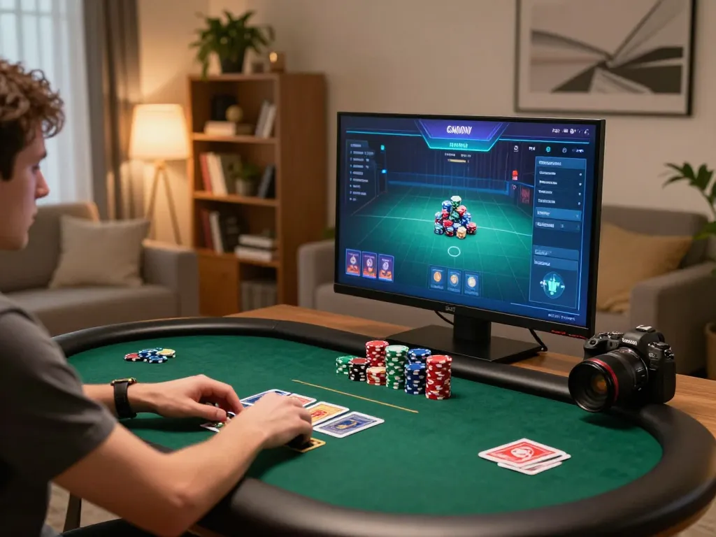 Experience intense online poker gameplay at fabet in a cozy home setup.