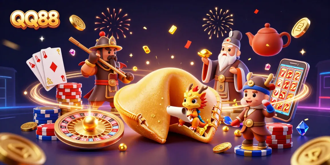 Engage in thrilling gameplay with QQ88's giant fortune cookie and dynamic casino elements!