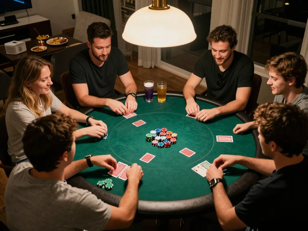 KADAL778 players enjoying friendly poker game with cards and chips on the table.