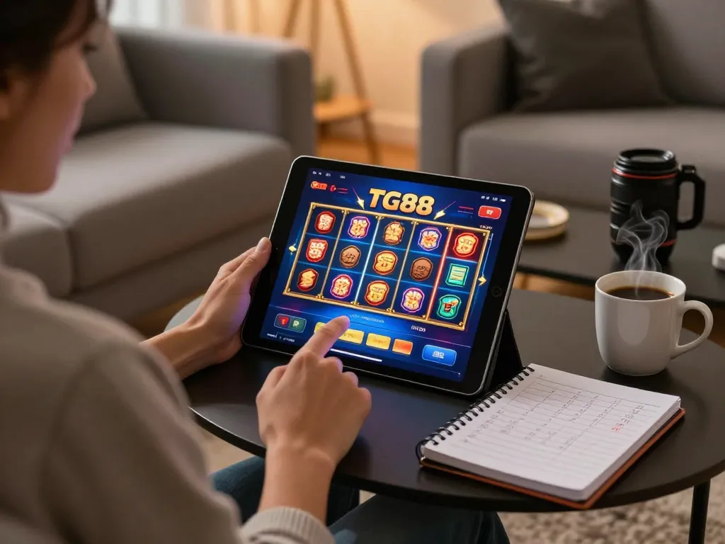 Engaging with TG88 online casino app on tablet during a cozy home gaming session.