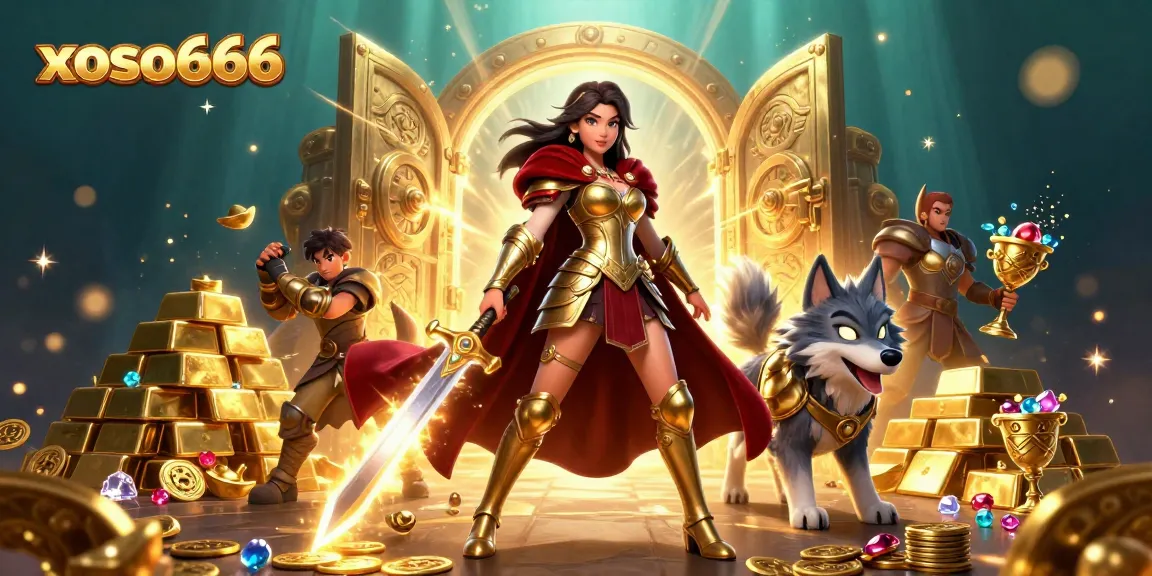 xoso666 casino adventure illustration showcasing treasure vaults and dynamic game elements for an engaging experience.