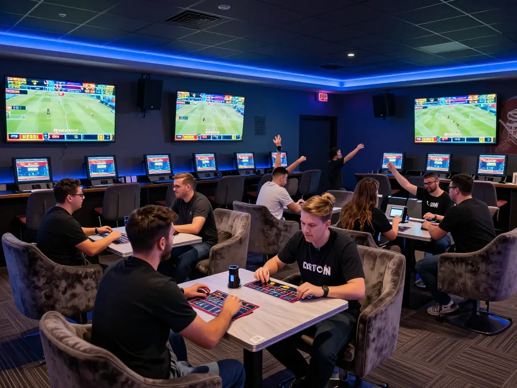 Betters engaging with the dash88 sports betting interface in a lively lounge atmosphere.