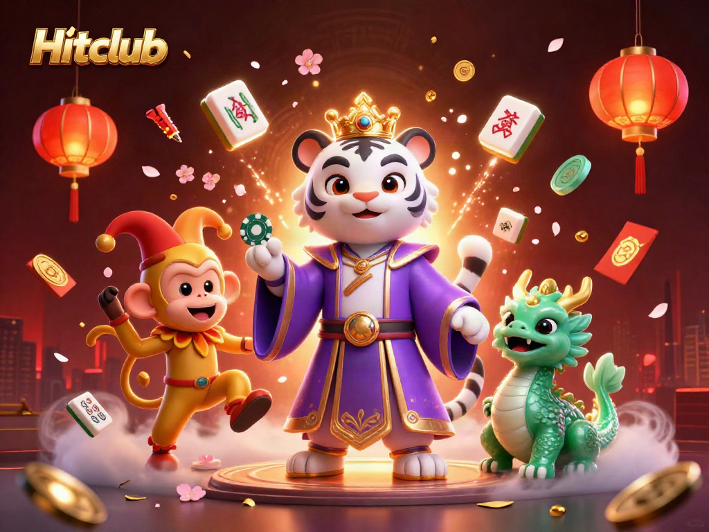 Hitclub showcases an energetic cartoon scene highlighting a tiger, monkey, and jade dragon with exciting gambling elements.
