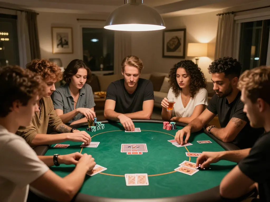 Friends enjoying a poker game night at home, showcasing strategy and camaraderie in a TG88-themed gathering