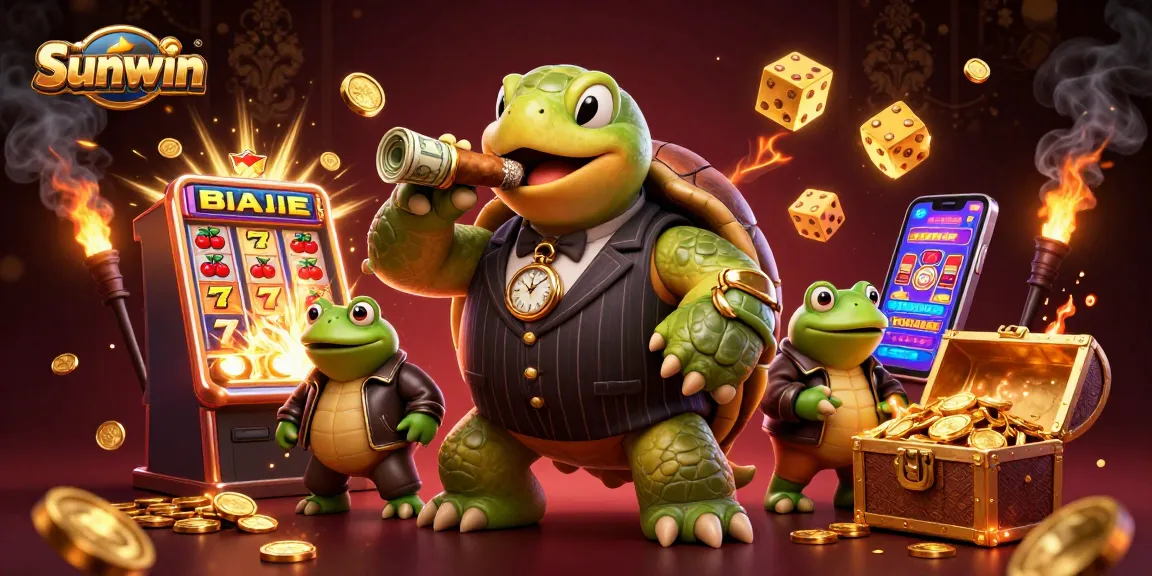 Experience the thrill of Sunwin with a vibrant slot machine scene featuring a snapping turtle mobster and bullfrog enforcers.