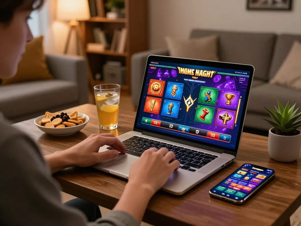Fokus777 player engaging in online casino gaming from a cozy home setup with snacks and drinks
