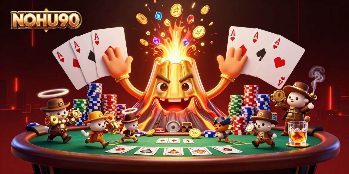 Experience NOHU90's thrilling jackpots with a dynamic illustration of a volcano erupting treasures amid poker excitement.
