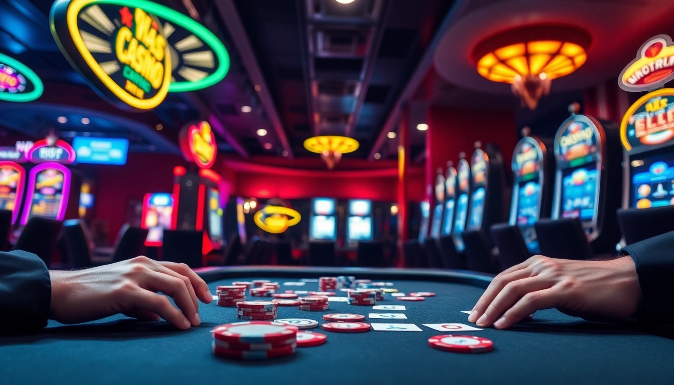 Situs toto memperlihatkan pemain yang antusias di meja kasino dengan chip berwarna-warni.