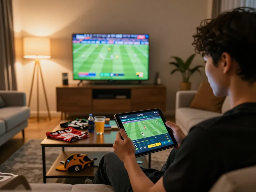Soi Kèo: Engaging sports betting experience using a tablet in a modern living room setting.