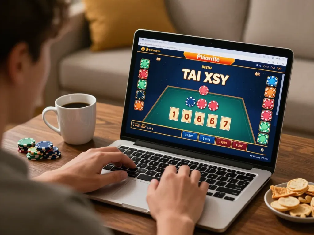 Enjoying tai xiu online at home during a relaxed gaming session with chips and cards displayed.