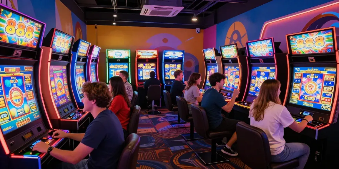 Pengalaman bermain 888 slots di arcade dengan pemain antusias, cahaya warna-warni, dan layar digital menampilkan kemenangan.