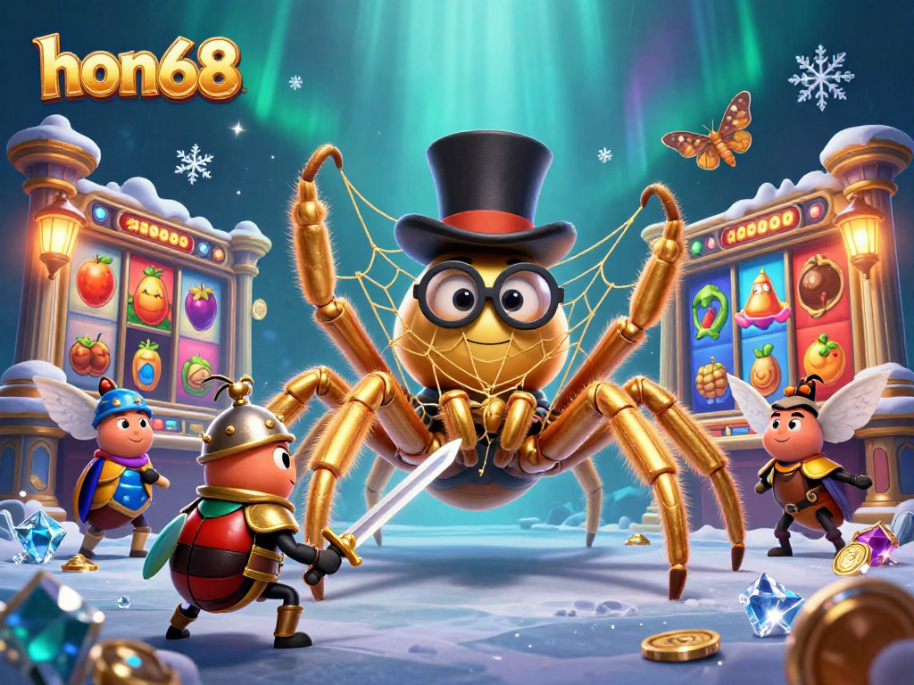 Engage with hon68's excitement as a giant golden tarantula weaves a web of winnings in a lively casino.