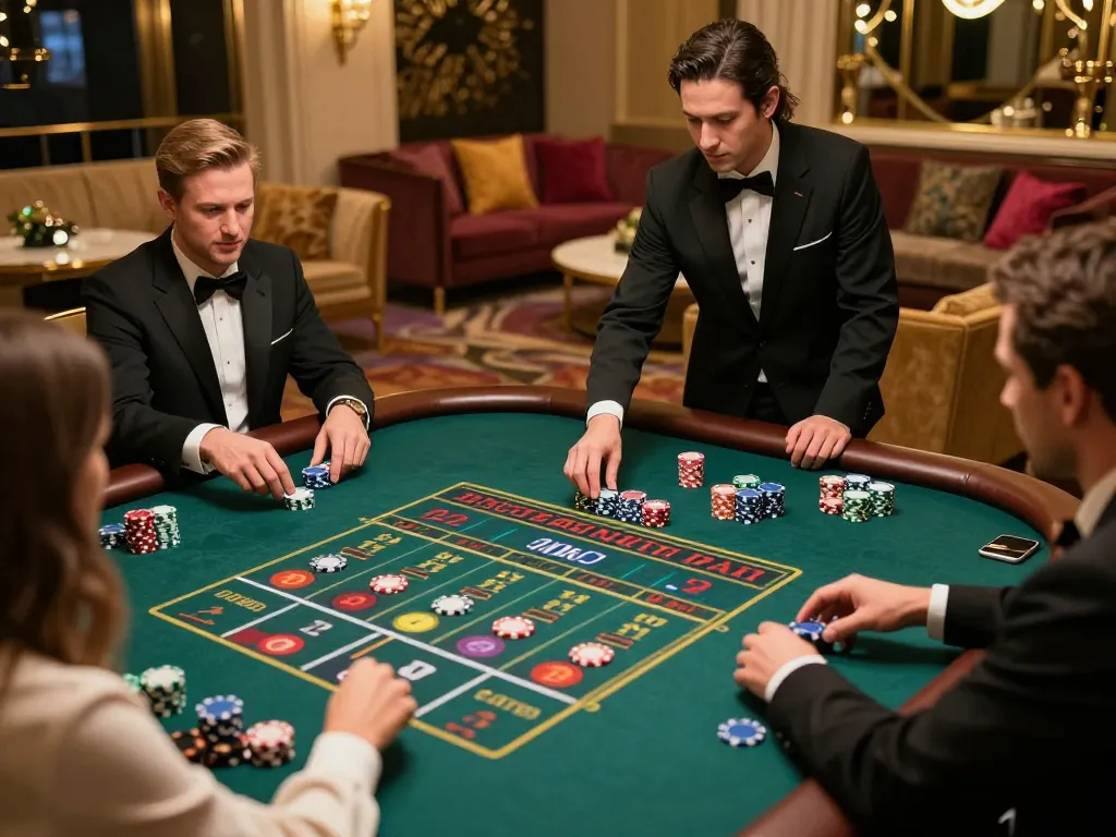 mm88 players placing bets on a live roulette game at an upscale casino